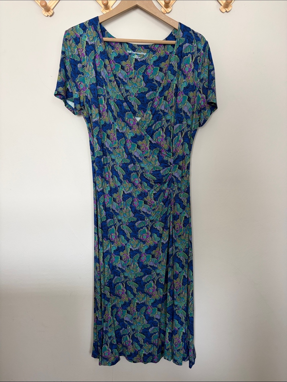Soft Surroundings Blue purple and Green Floral Wrap Midi Dress
